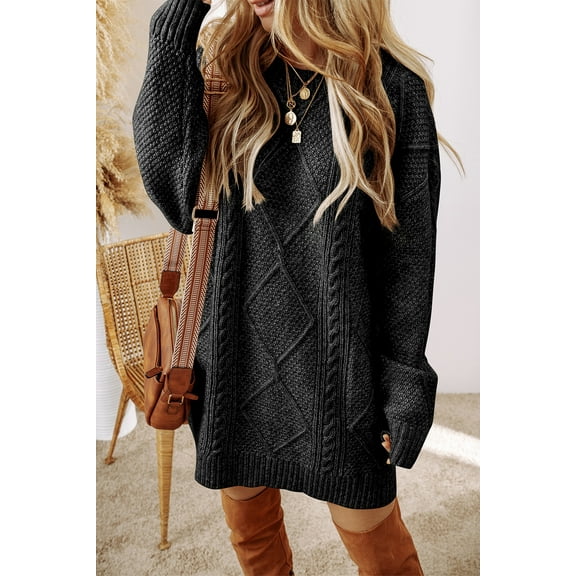 Plusashion Elegant Relaxed Fit Black Sweater Dress, Cozy Cable Knit