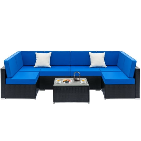 Zimtown 7PCS Outdoor Patio Garden Furniture Sectional PE Rattan Wicker Rattan Sofa Set with Blue