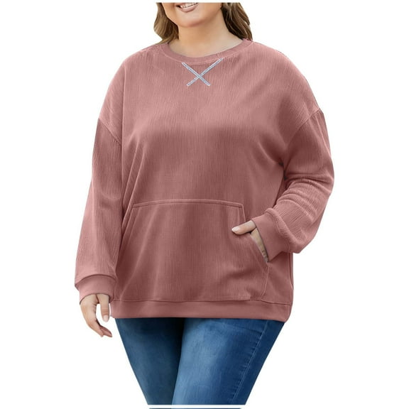 fatyb Women's Plus Size Corduroy Sweatshirts Crewneck Long Sleeve Casual Loose Pullover Tops with Pocket
