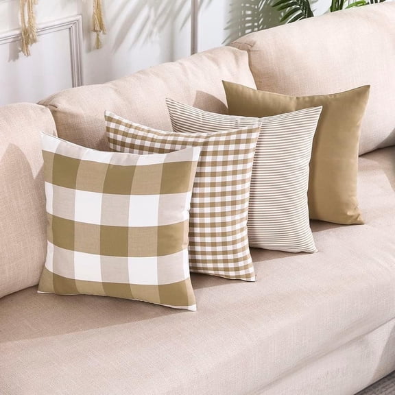Modern Farmhouse Decor Brown Buffalo Plaid 20x20 Pillow Covers Set of 4, 20 x 20 Brown Throw Pillow Cover, Khaki Buffalo Check Decorative Cushion Pillows for Bedroom and Living Room