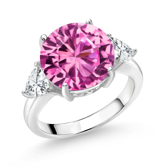 Gem Stone King 9.34 Cttw Pink Created Sapphire 3-Stone Ring for Women | 925 Sterling Silver | Round 12MM | Trillion 5MM (Size 8)