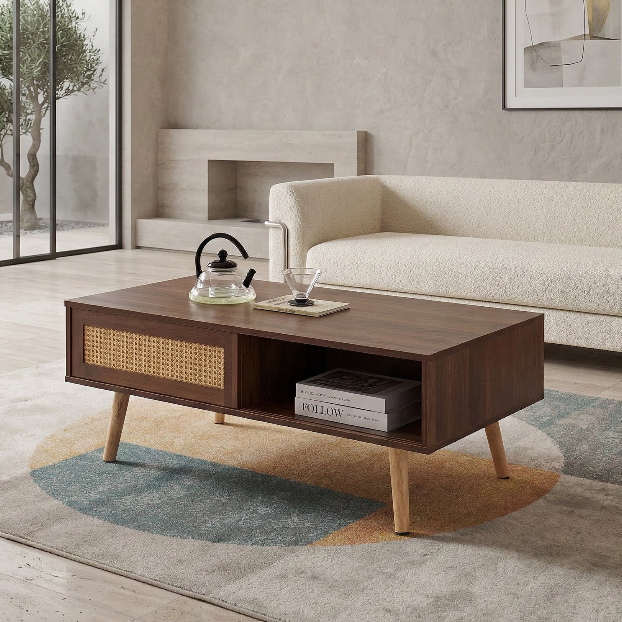 Leumius 41.3 Inch Rattan Coffee Table with Sliding Storage Door, Rectangle Wooden Accent Center Sofa Table with Solid Wood Legs,Suitable for Living Room,Walnut