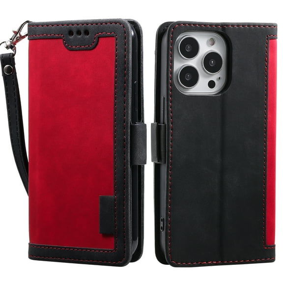 Wallet Case for iPhone 14,Decase Double Color Retro Style Protective PU Leather Folio Cover with Card Holder & Hand Strap,Men Women Stylish Flip Case,for Apple iPhone 14 - Red