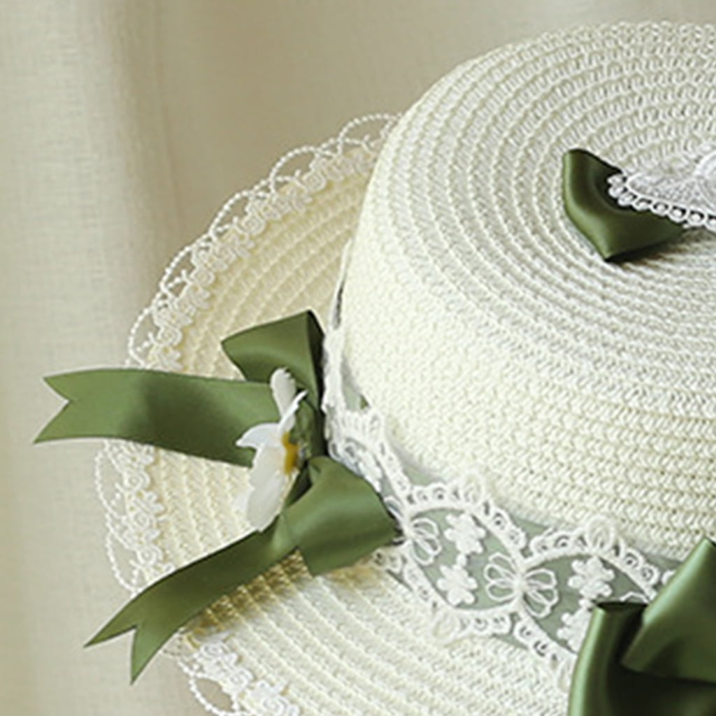 lanema Lace Flower Sun Protective Hat for Girls French-Style Bonnet Sweet WovenStraw Cap Wide Brimmed Hat Summer Headdress