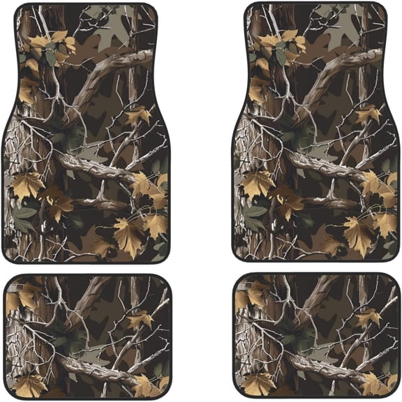 Set of 4 Car Floor Mats Featuring Hunting Camouflage Design with Tree Patterns for The Front And Rear, Suitable for Suvs, Trucks, Sedans, And Vans