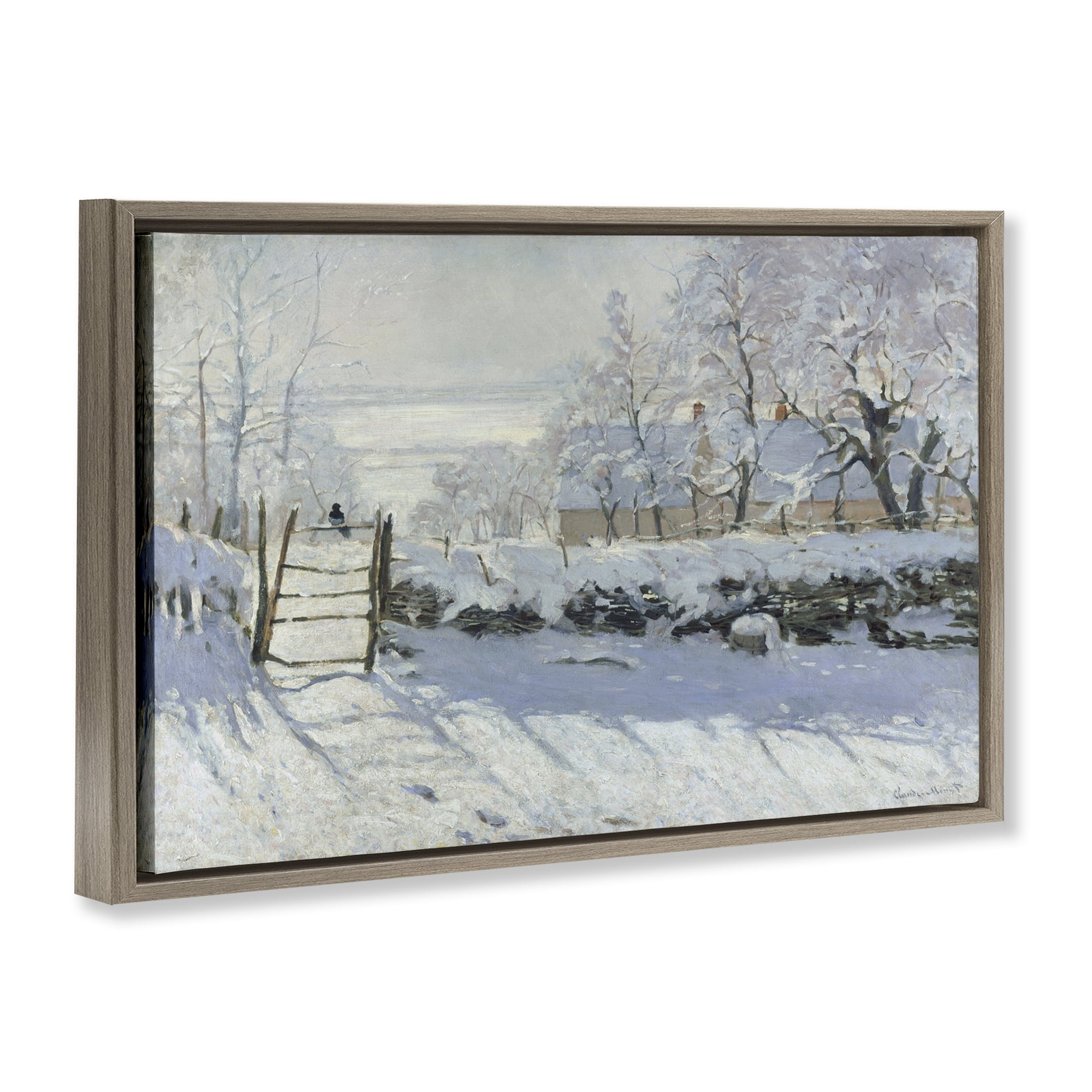 Stupell Industries Classic Monet The Magpie Landscape & Nature Painting Brown Floater Framed Canvas Art Print Wall Art, 25 x 17