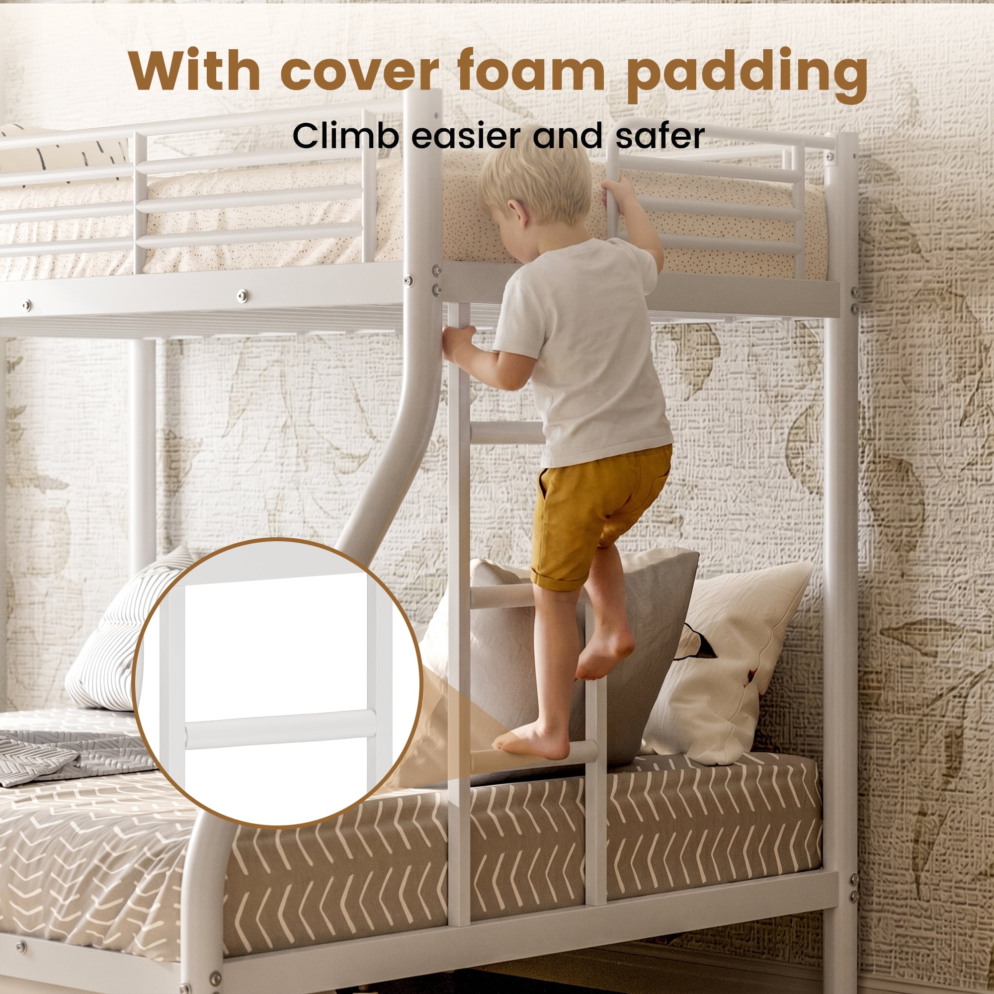White Twin Over Full Metal Bunk Bed Frame with Safety Guardrail & Ladder, Sturdy Steel Bed, Noise-Free, No Box Spring Needed for Bedroom Dorm