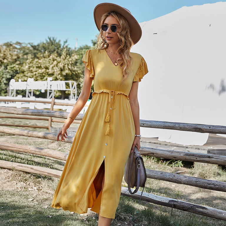 Summer Dresses for Women Maxi Dress V-Neck High Waist Short Sleeve Fashion  Women'S Dress Front Slit Skirt - Walmart.com