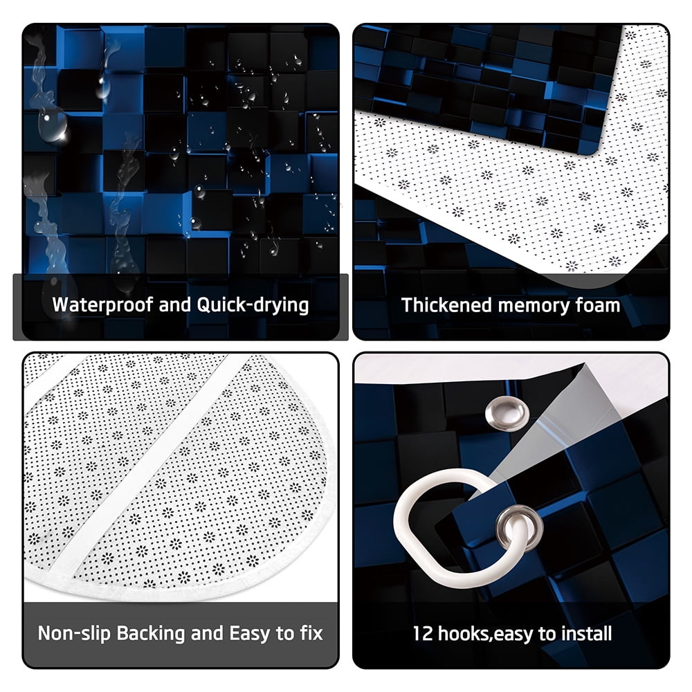 4pcs Modern Blue and Black 3D Cube Shower Curtain Set for Bathroom