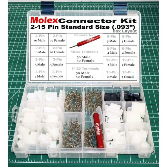 287pcs Molex 2-15 Pin 14A Connector Kit 0.093", Wire Gauge 14-22 AWG w/ Tools