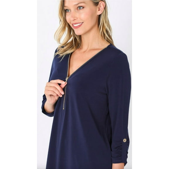 Plus Size Loose Fitting 3/4 Sleeve Zippered Blouse Top 1x,2x, 3x