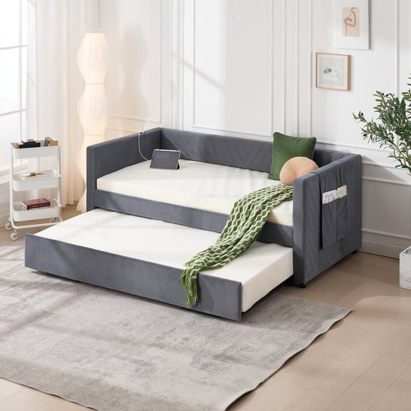 Resenkos Twin Upholstered Daybed with Trundle, USB Port & Side Pockets, Modern V-Grain Backrest, No Box Spring, Gray