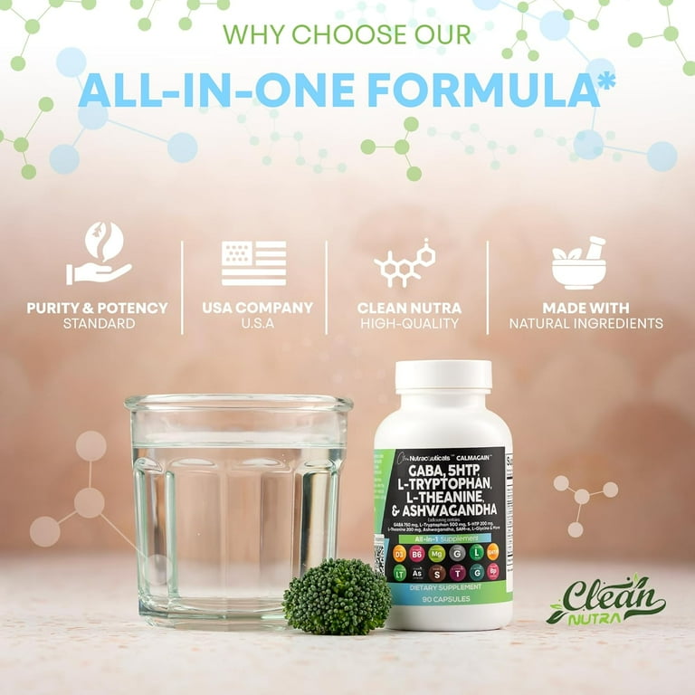 Clean Nutraceuticals GABA 5 HTP L Tryptophan L Theanine Ashwagandha SAM-e  Mood Support Vitamins for Women and Men