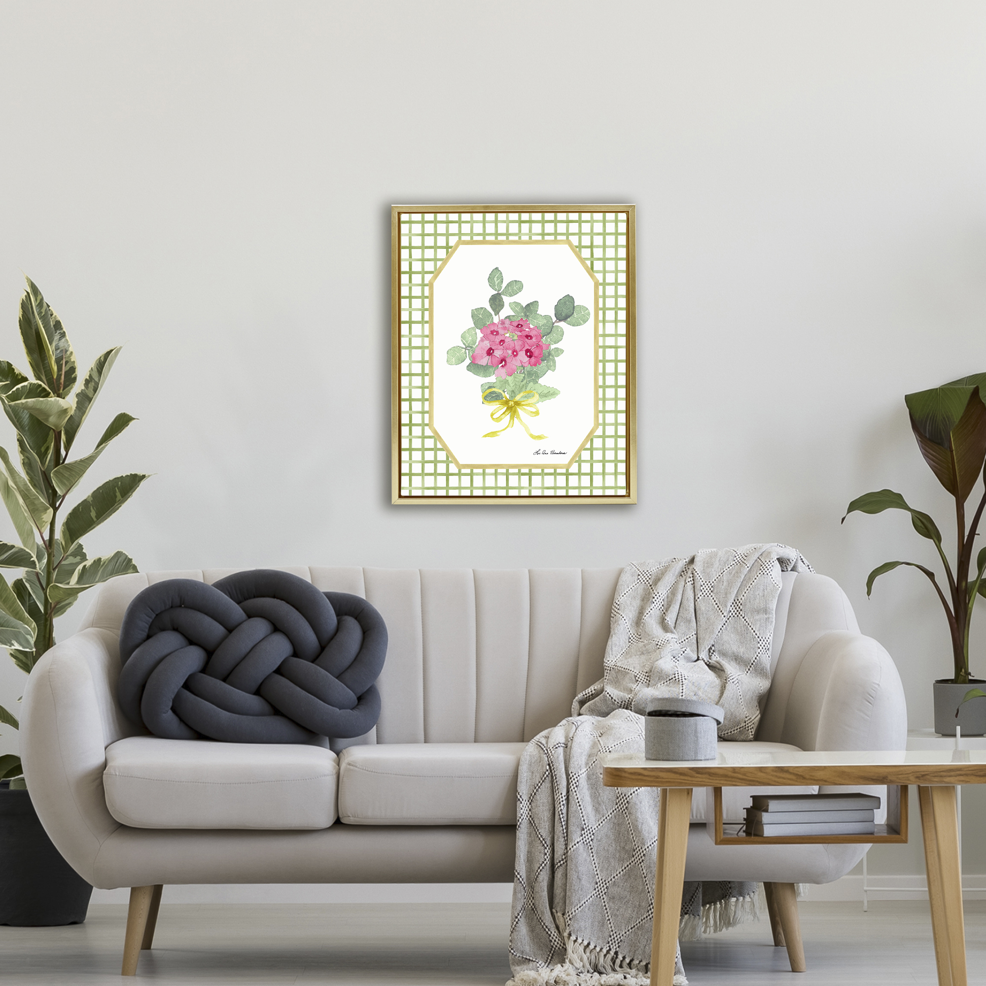 Botanical Story on Grid Pattern Gold Framed Floater Canvas Wall Art, design by Lee Ann Sanders