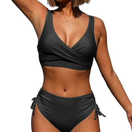 RQYYD Reduced Women s High Waisted Bikini Set Twist Front Tie Back 2 Piece Swimsuits Drawstring Tie Side Bottom Bathing Suit(Black L)