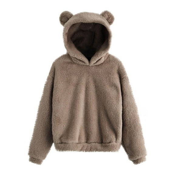 jsaierl Womens Bear Ear Sherpa Hoodies Solid Fleece Cute Top Long Sleeve Loose Warm Pullover Sweatshirt