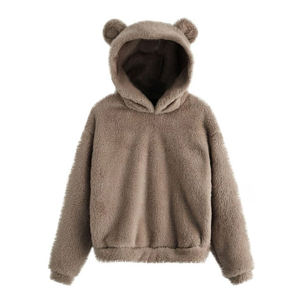 XFLWAM Bear Hoodie Women Fuzzy Pullover Sweater Sherpa Fleece Hooded  Sweatshirt Furry Cute Animal Hoodies with Ears Khaki XXL 