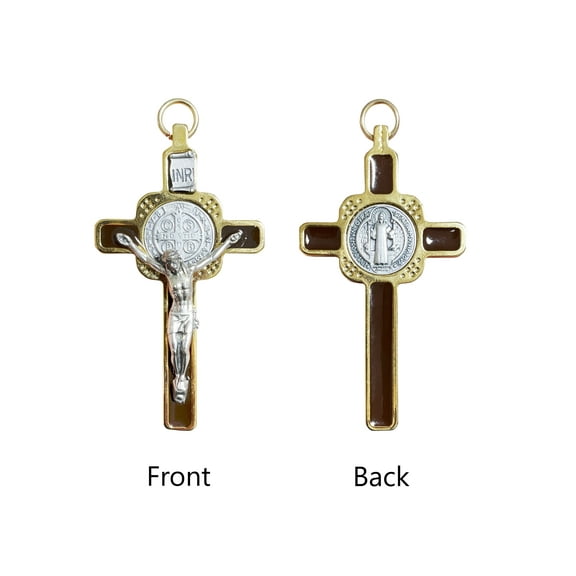 Gold and silver crucifix with Saint Benedict medal square shapes and brown enamel details 3.0"