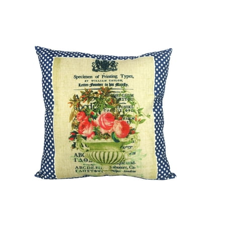 French Country Pillows Pal Fabric Blue Polka Dots with Pink Flower 18x18 inch Vintage French style Pillow Cover ()