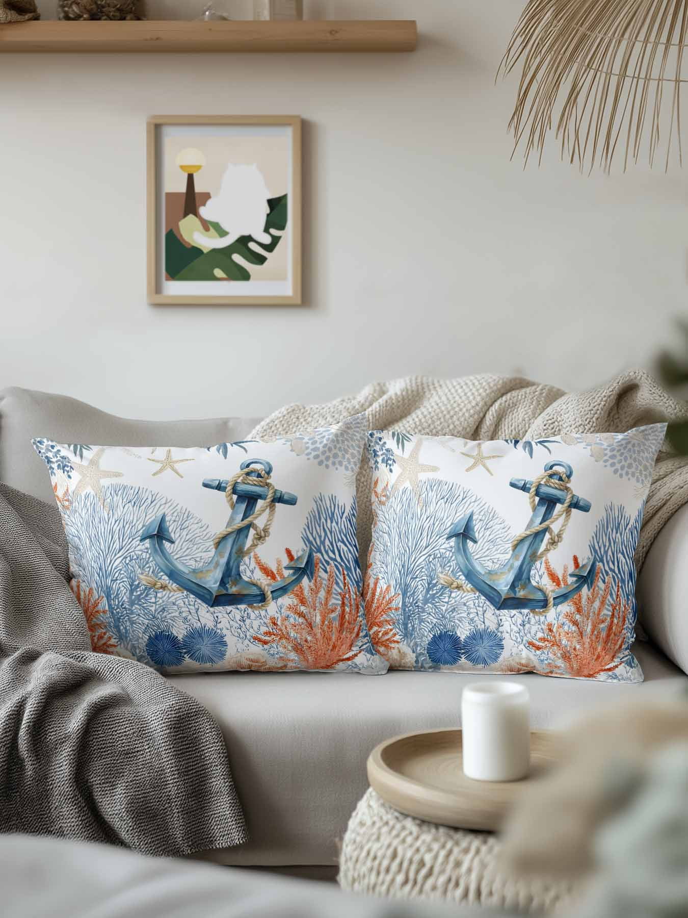 1 Pack Outdoor Throw Pillow, Nautical Anchor Waterproof Pillow with Insert Included, Blue Coastal Starfish Coral Leaves Decorative Accent Cushion Sofa Pillows for Patio Porch, 16 x 16 In