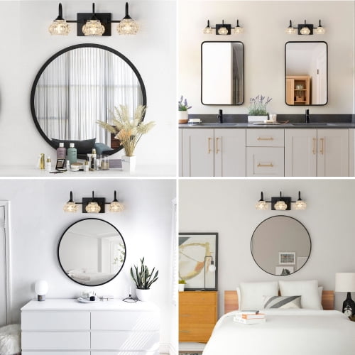 ACE-LIGHTS,Retro 3-Light Bathroom Vanity Light Fixture with Crystal Glass Shades(Bulbs Not Included),Wall Mounted Lighting for Bathroom,Dressing Room,Powder Room and Vanity Mirror(Black）