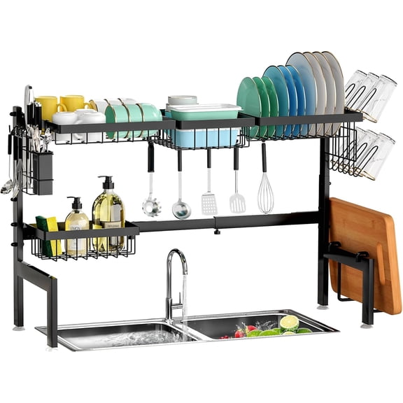 Over The Sink Dish Drying Rack,Expandable 2-Tier Stainless Steel Over The Sink Dish Rack with Utensil Holder Dish Drainers for Kitchen Counter