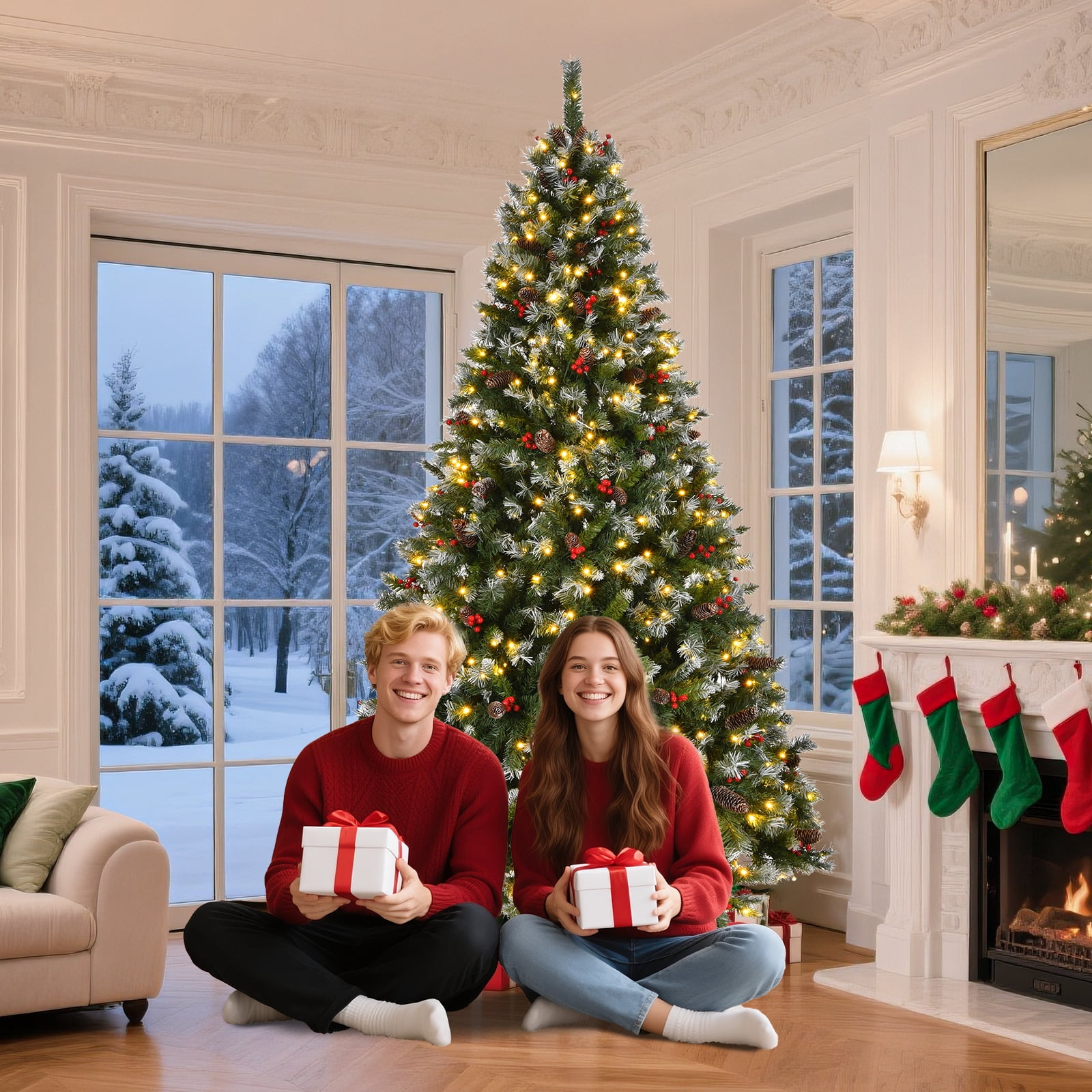 Pre-Lit Artificial Christmas Tree 7.5 ft Green PVC with Lights, Berries, Pinecones