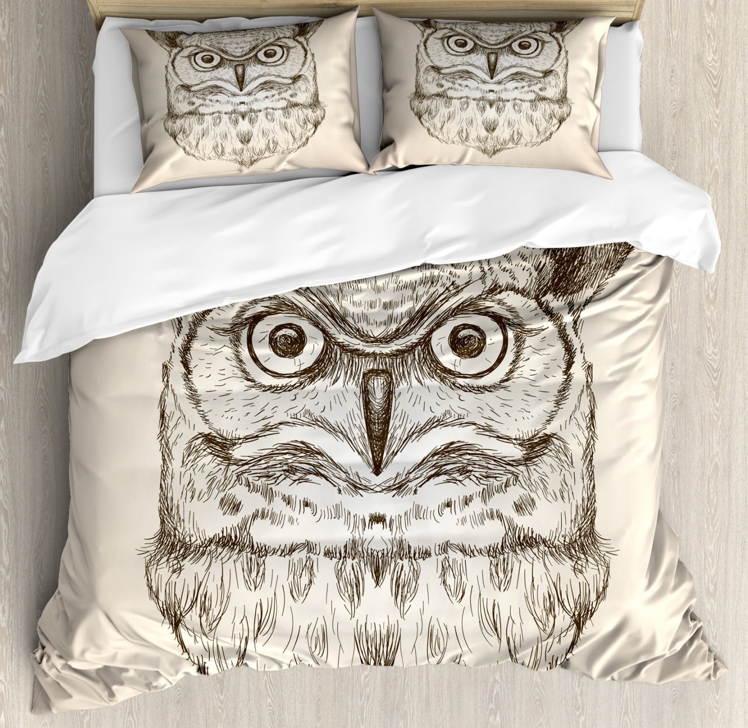 Owl King Size Duvet Cover Set Hand Drawn Artistic Sketch Of An