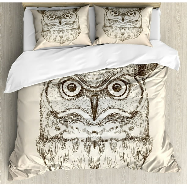 Owl King Size Duvet Cover Set Hand Drawn Artistic Sketch Of An