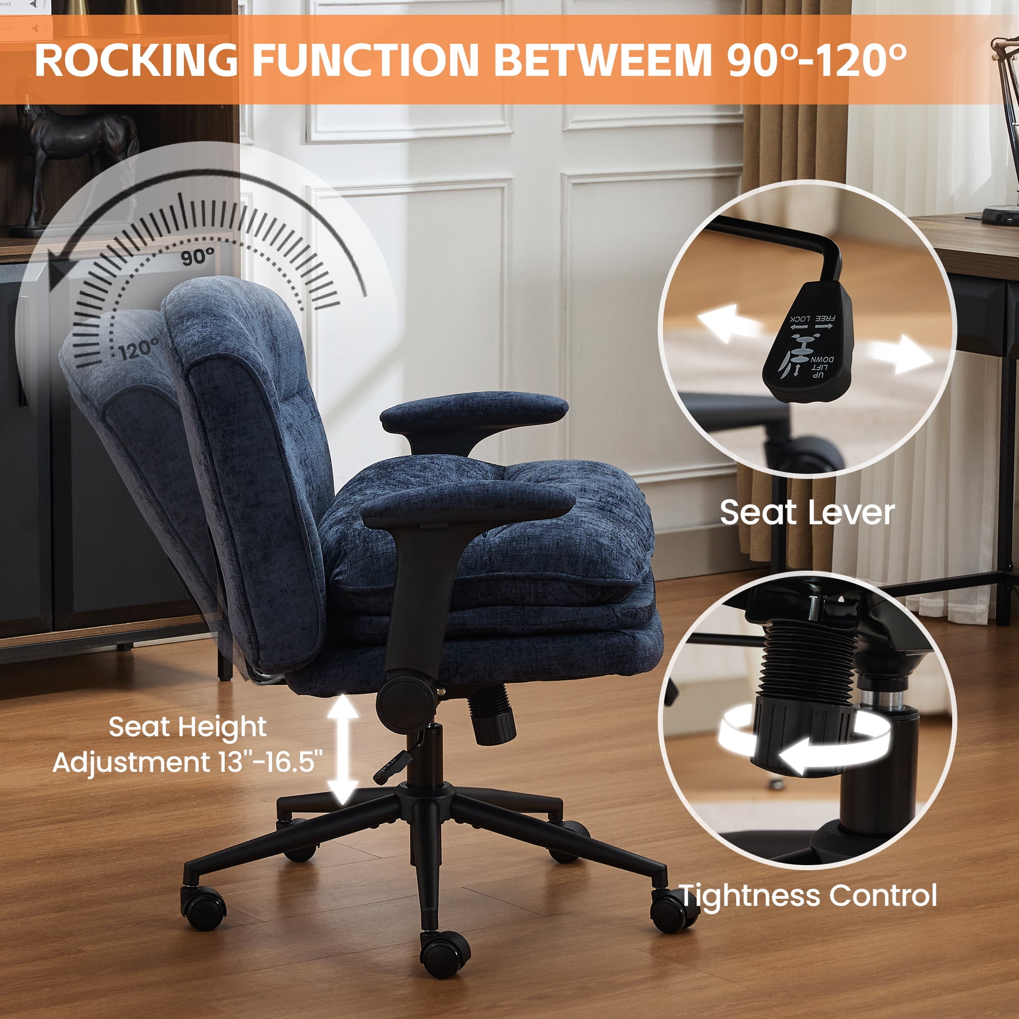 DOMICARE Criss Cross Chair with Flip-Up Arms, Wide Cross-Legged Office Chair with Wheels, Swivel Vanity Desk Chair, Blue Chenille