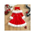 thumbnail image 2 of Bagilaanoe 2Pcs Little Girl Christmas Costume Faux Fur Patchwork Long Sleeve Off Shoulder A-Line Dress with Belt + Headband 1T 2T 3T 4T 5T 6T 7T Kids Party Dress UP, 2 of 9