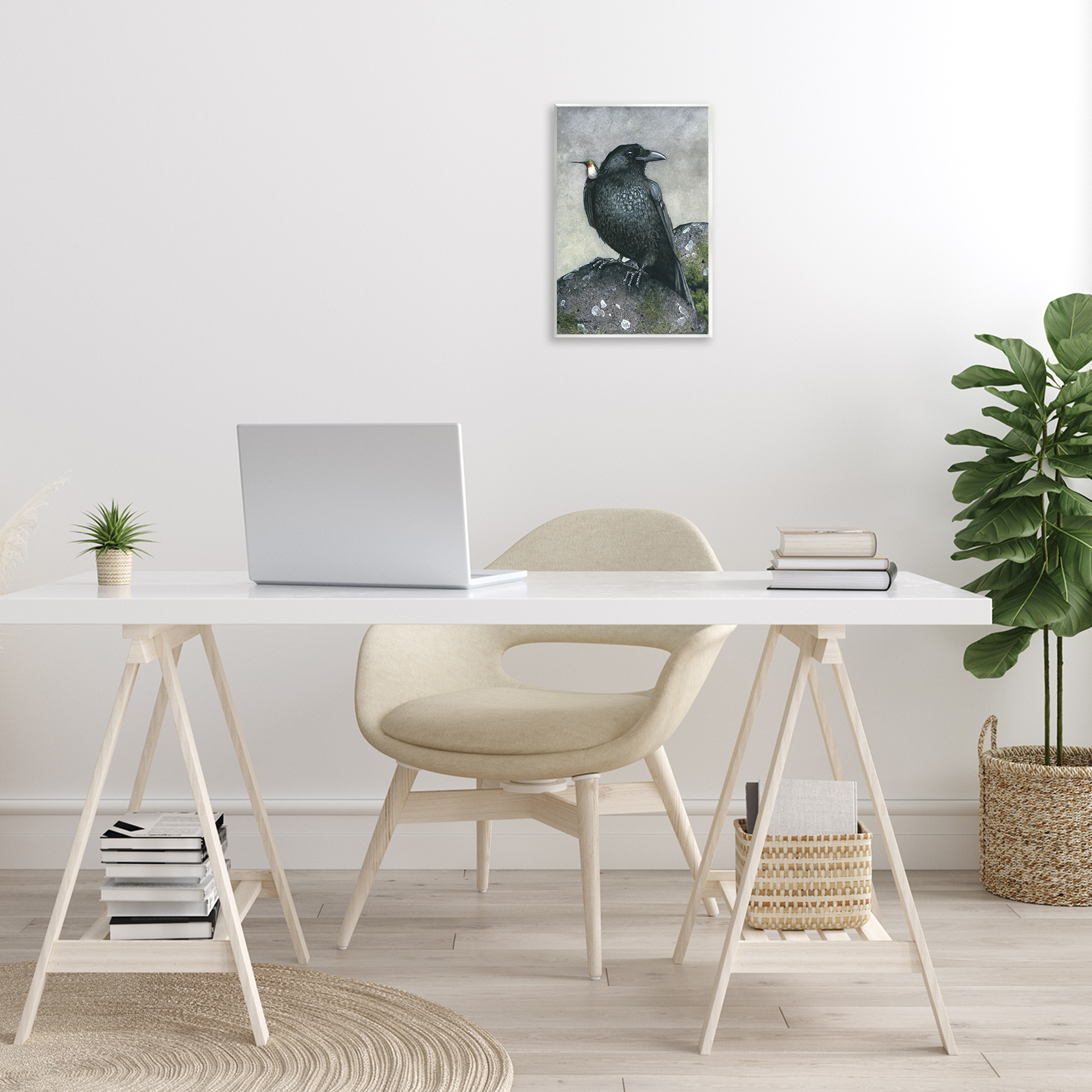Stupell Industries Crow & Hummingbird Perched Animals & Insects Painting Unframed Art Print Wall Art, 10 x 15