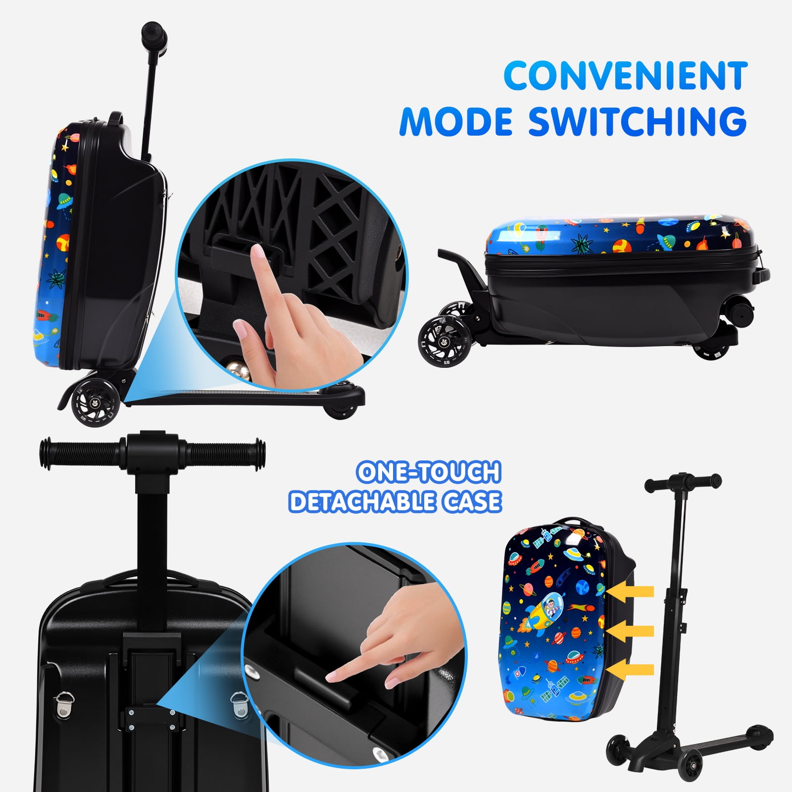 Advwin Kids Scooter Luggage with LED Wheels, 4-in-1 Detachable Foldable Ride-On Suitcase, Space-Themed Hardside Carry-On Travel Luggage, Convertible Backpack, Blue