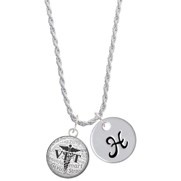 Delight Jewelry Silvertone Domed Black VET Silvertone Script Initial Disc - H - Charm Necklace, 20" 3"