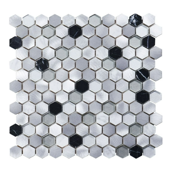 Modket White Calacatta Black Marble Gray Glass Aluminum Hexagon Mosaic Tile Backsplash