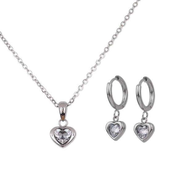 Set de Joyería para Mujer LuckyLy Corazón Acero Inoxidable con Zirconia Cúbica Modelo Dalia Plateado UNITALLA
