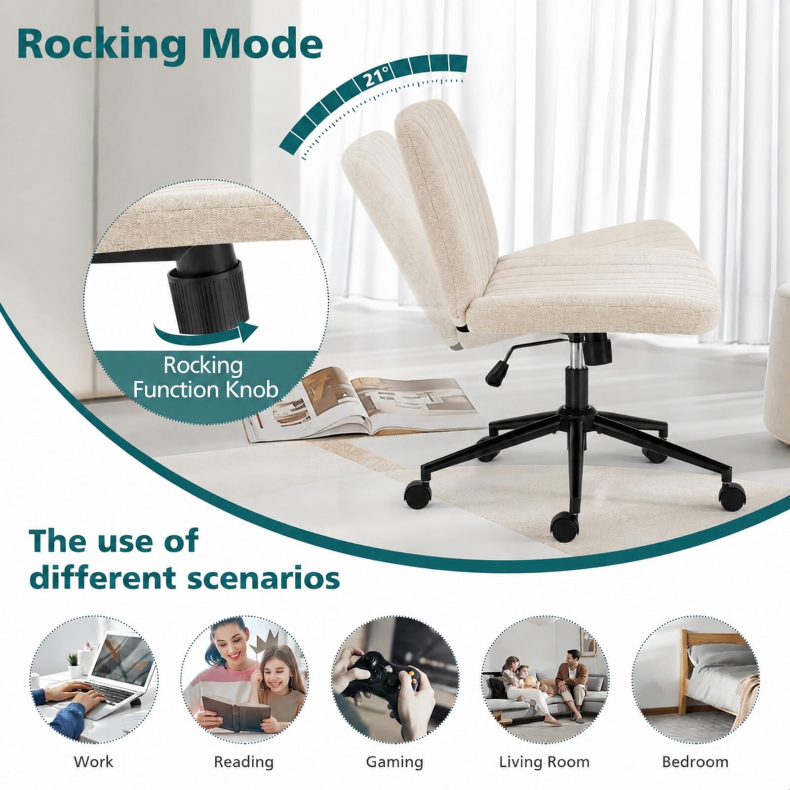 Kelno Armless Criss Cross Office Chair with Wheels 300lb Capacity Wide Seat Cross Legged Desk Chair Height Adjustable Swivel Vanity Chair, Beige Teddy