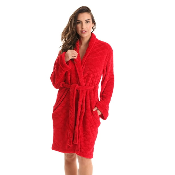Just Love - Just Love Scalloped Textured Velour Bath Robe (Red, X-Small ...