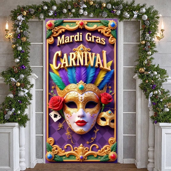 Gold Ornate Mardi Gras Banner Colorful Feather Carnival Display Red Rose Playing Card Masquerade Backdrop for Carnival Party Masquerade Event Festival Celebration