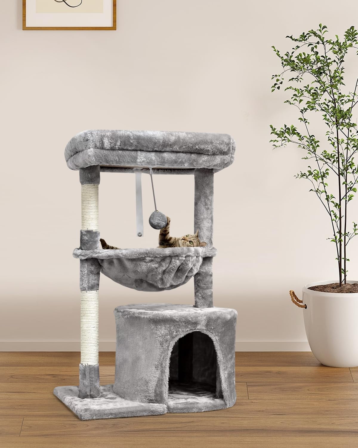 Small Cat Tree for Indoor Cats, Activity Cat Tower with Scratching Post for Kittens, Modern Cat Furniture with Basket & Hanging Ball for Play Rest, Grey