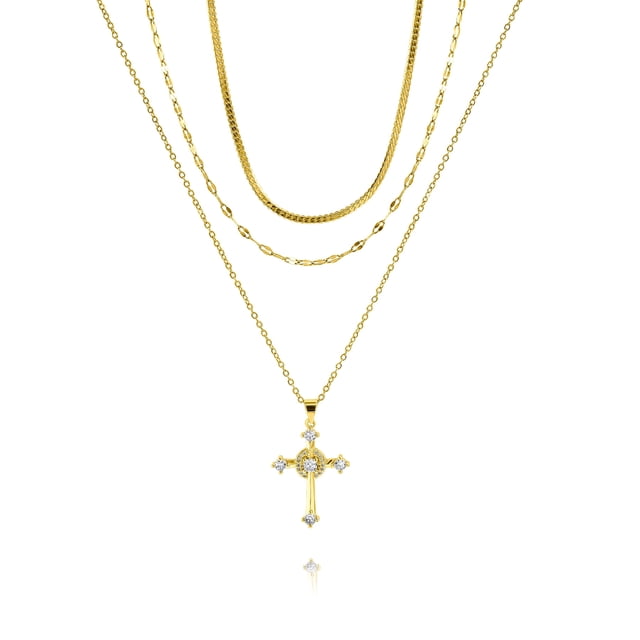 Collares Chapados en oro amarillo JeenMata Paquete Múltiple 3 collares triple capa colgante cruz halo deslumbrante