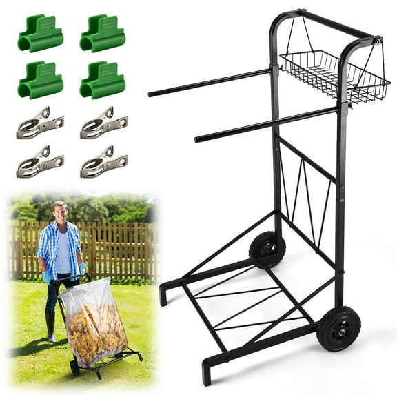 Upgraded Trash Bag Holder Cart with Storage Basket and Ergonomic Handle, Adjustable Outdoor Leaf Bag Holder from 30-45 Gallon Capacity, Ideal for Yard Clean-Up, Camping, Parties,Leaf Collection