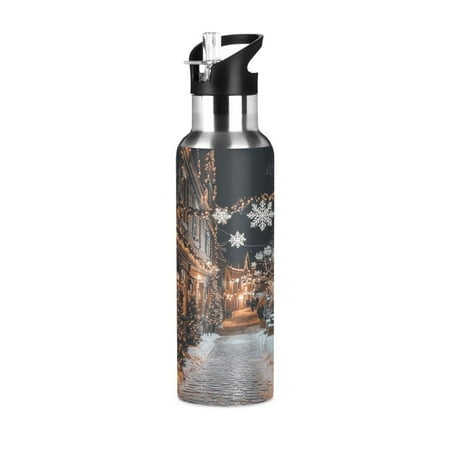 

600/1000ML Stainless Steel Sport Water Bottle with Straw Lid Leak Proof Vacuum Insulated Mug for Outdoor Activities Cycling Running & Walking Christmas Street