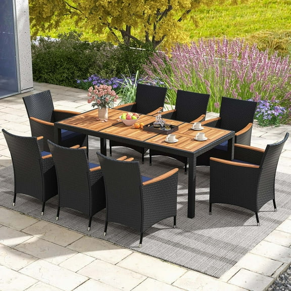 Costway 9 PCS Outdoor Dining Set with Acacia Wood Tabletop, Umbrella Hole, Seat Cushions