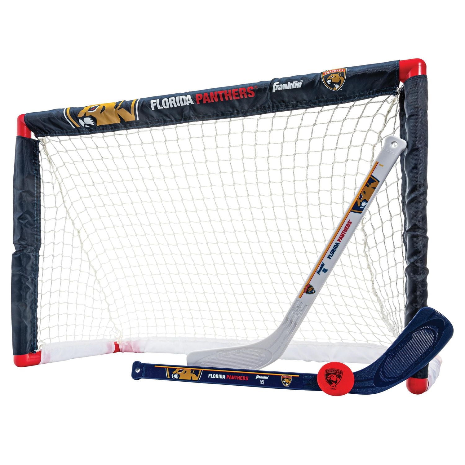 Franklin Sports Ensemble de mini hockey Panthers de la NHL – But de hockey intérieur pour enfants, ballon, 2 mini bâtons de hockey