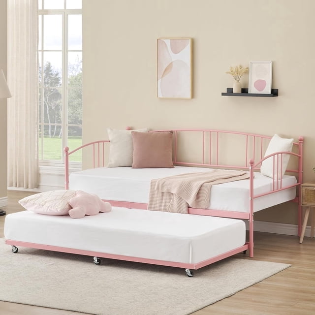 Memoryfield Twin Metal Daybed with Trundle, Pullout Trundle Bed Frame, Guest Sofa Bed, No Box Spring Required, Pink