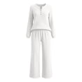 thumbnail image 5 of Xinoom Women Ribbed Knit Two Piece Outfit Set, Henley V‑Neck Long Sleeve Top and Wide Leg Pants, Cozy Loungewear Tracksuit for Casual Home Travel Wear White,L, 5 of 5