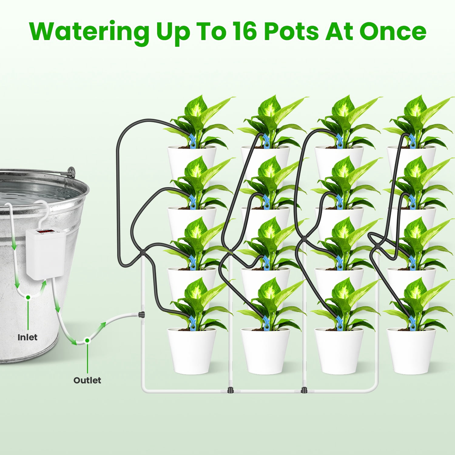 Smart Auto Plant Watering Device Low Noise 4W Efficient Drip Irrigation Kit with Low Water & Low Battery Alarm, 16 Drip Arrows for Indoor Balcony Greenhouse