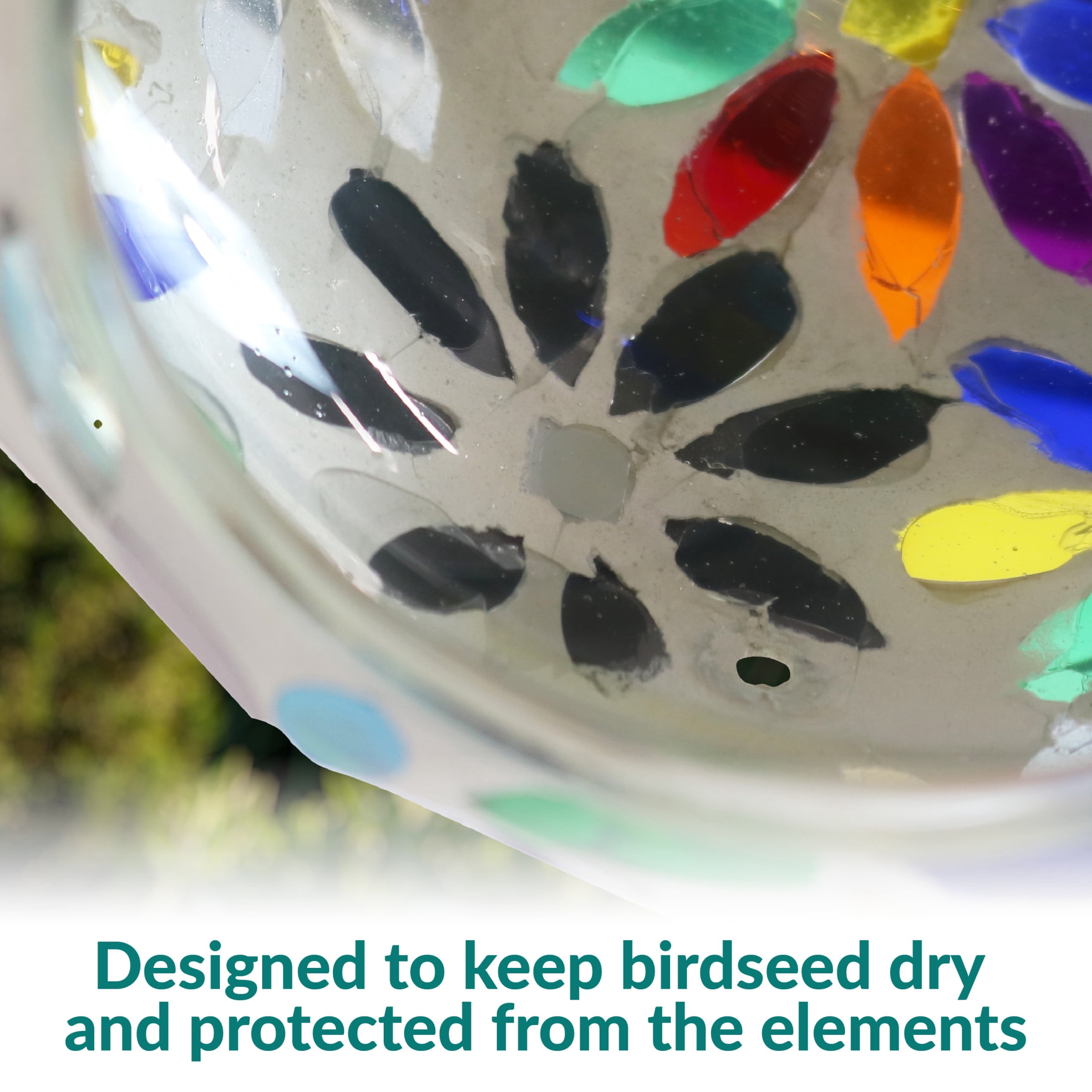 Sunnydaze Mosaic Glass Fly-Through Hanging Bird Feeder, 1-Cup Capacity, Rainbow Daisies