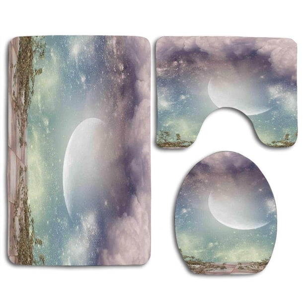 ABPHQTO Fantasía paisaje estrellas vía láctea media luna sobre el cielo vista desde el balcón Juego de alfombras de baño de 3 piezas Alfombra de baño Alfombra de contorno y tapa de inodoro